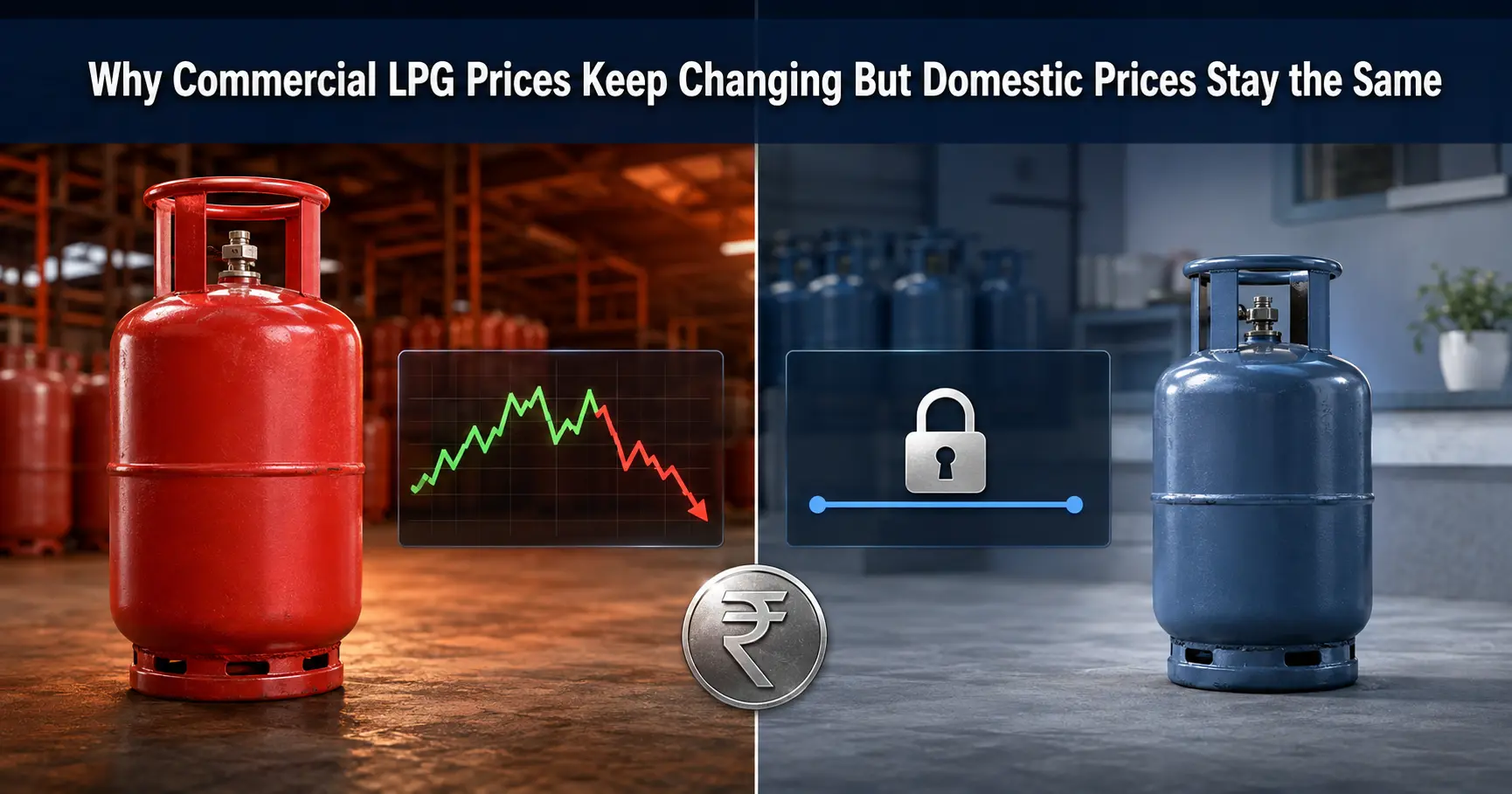 Commercial LPG gas cylinders loaded on delivery truck with price trend graph, representing why commercial LPG prices change every month